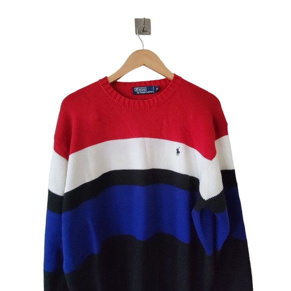 Polo Ralph Lauren Red White Blue Striped Crew Neck Knit Sweater Cotton Color Blk - Picture 4 of 7